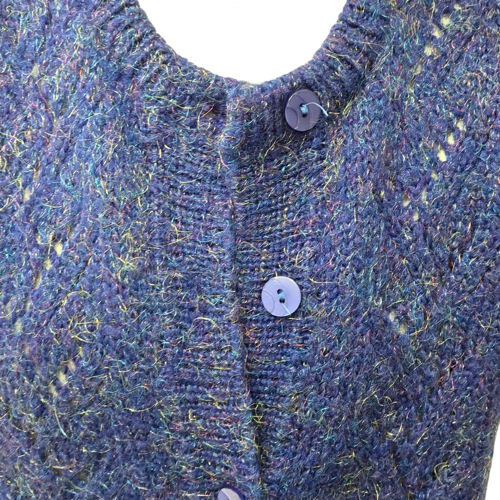 Vintage 70s Metallic Knit Sweater Vest Cardigan Blue M